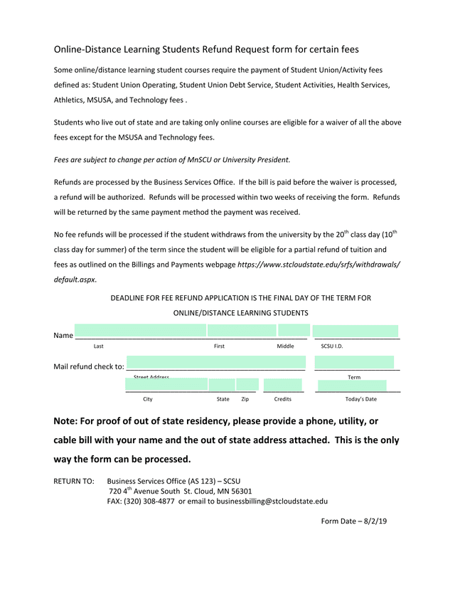 OnlineDistance Learning Students Refund Request Form screenshot