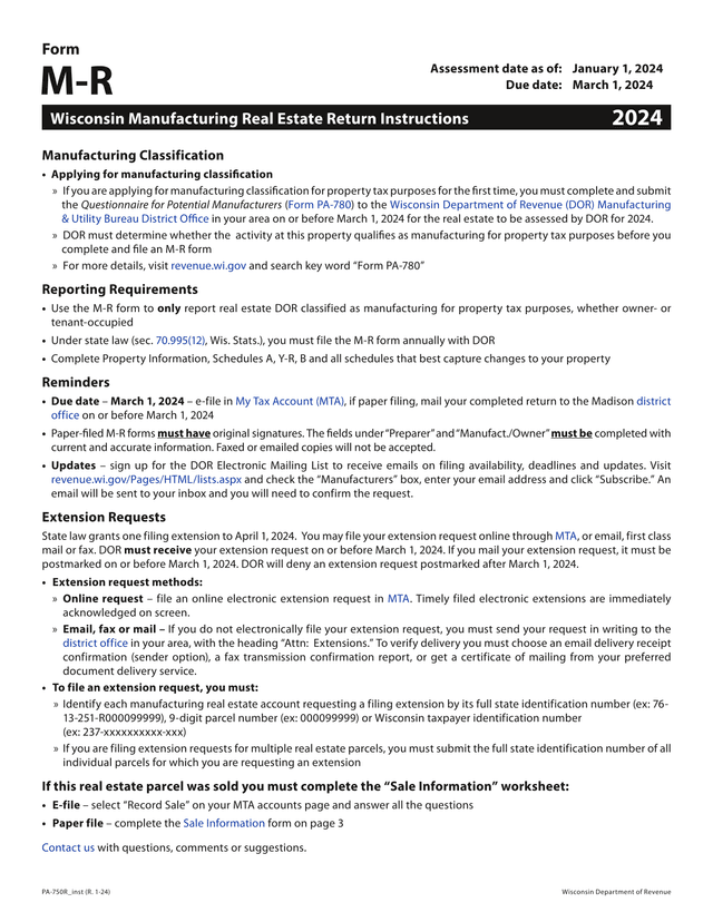 Wisconsin Manufacturing Real Estate Return Instructions screenshot