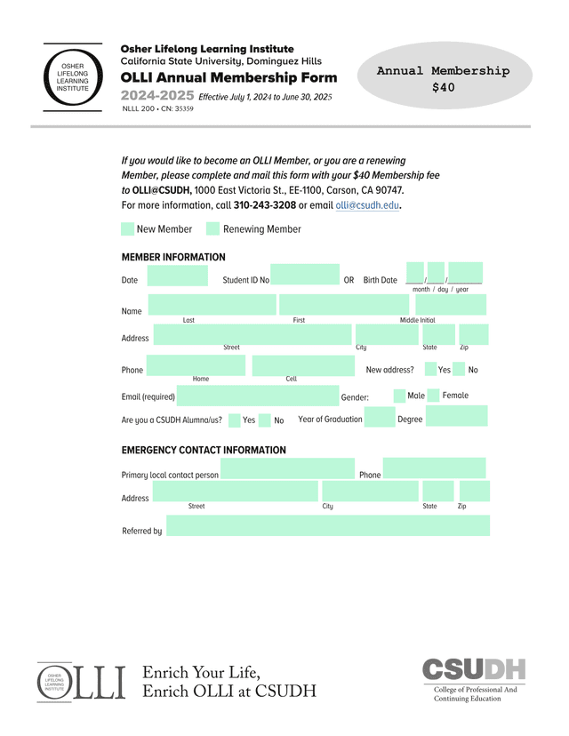 OLLI Annual Membership Form screenshot