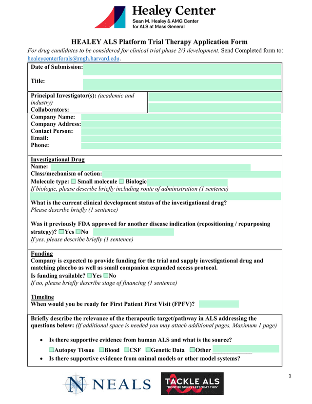 HEALEY ALS Platform Trial Therapy Application Form screenshot