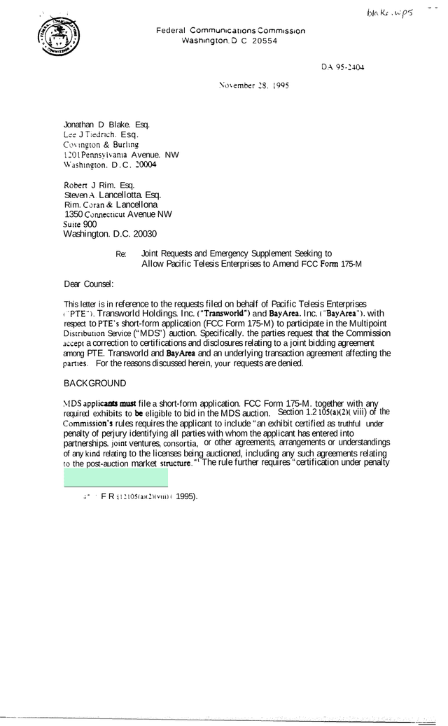 FCC Letter Regarding Pacific Telesis Enterprises MDS Auction Application screenshot
