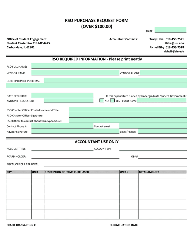 RSO PURCHASE REQUEST FORM screenshot