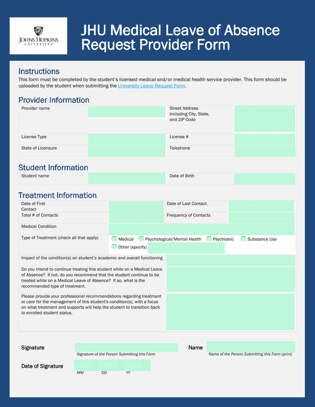 JHU Medical Leave Of Absence Request Provider Form screenshot