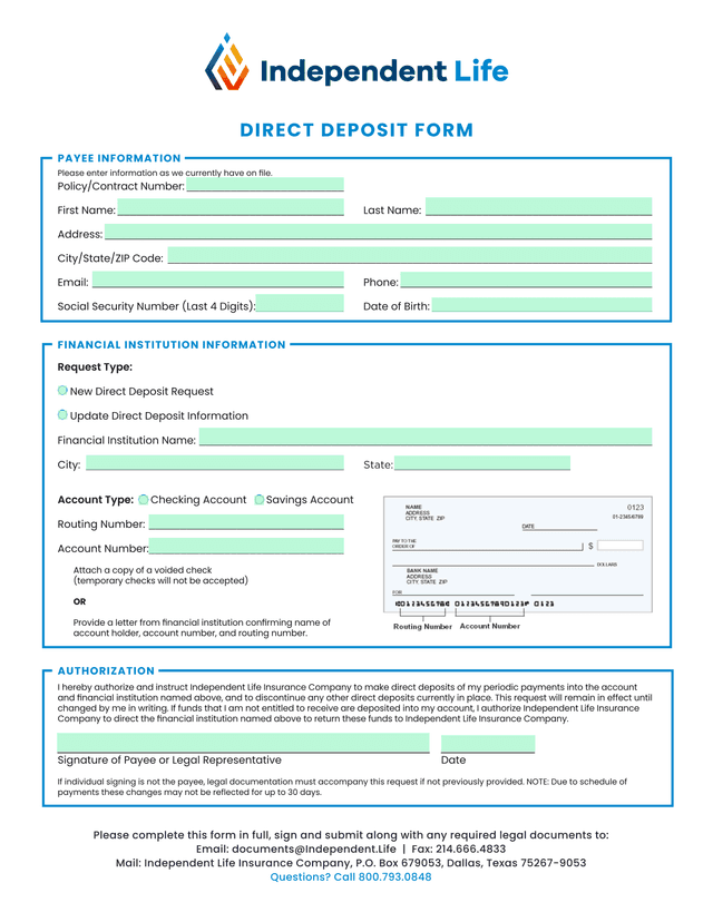 Direct Deposit Form screenshot