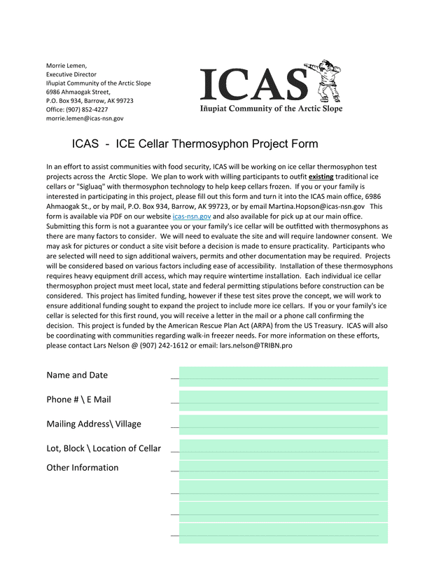 ICE Cellar Thermosyphon Project Form screenshot