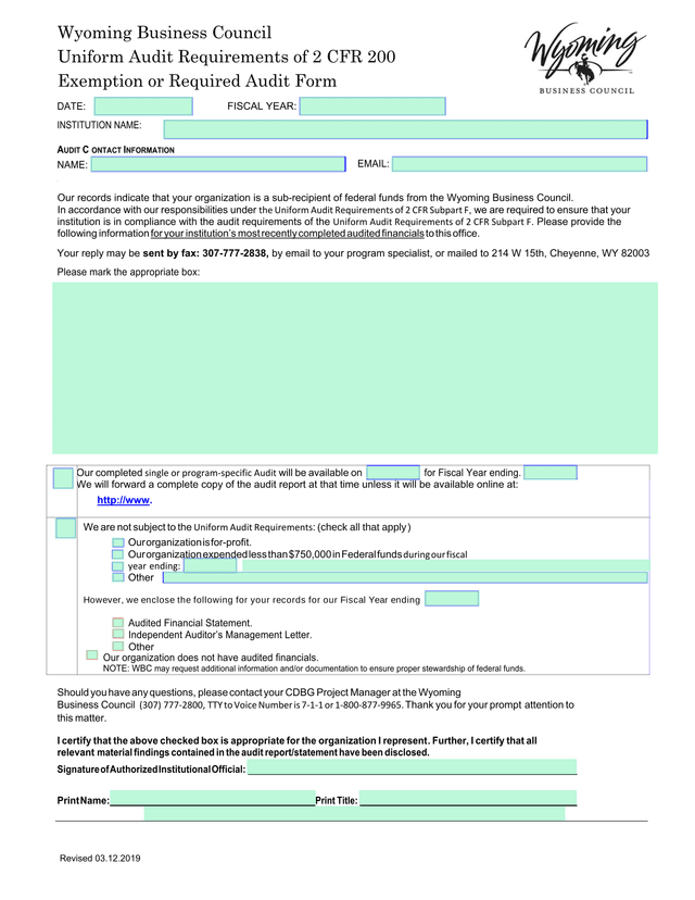 Wyoming Business Council Uniform Audit Requirements Of 2 CFR 200 Exemption Or Required Audit Form screenshot