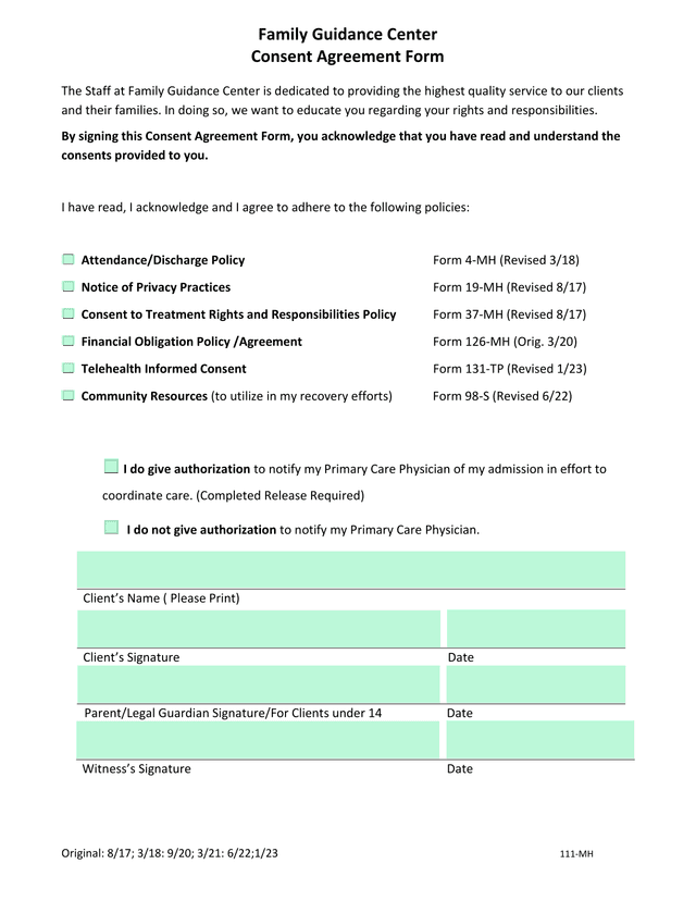 Family Guidance Center Consent Agreement Form screenshot