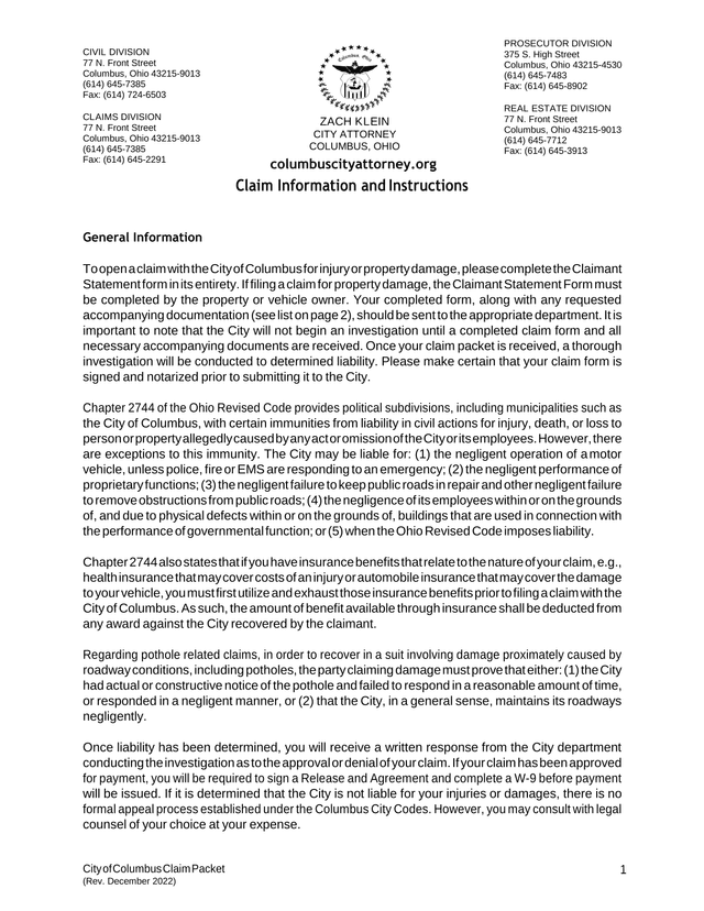 City Of Columbus Claim Packet screenshot