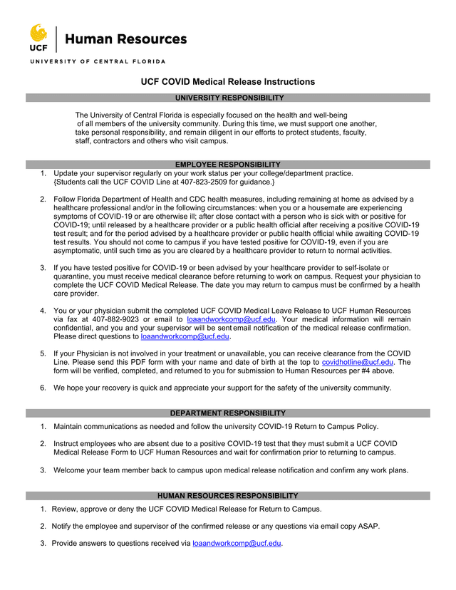 UCF COVID Medical Release Instructions screenshot