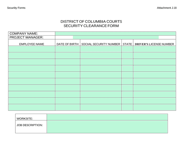 District Of Columbia Courts Security Clearance Form screenshot