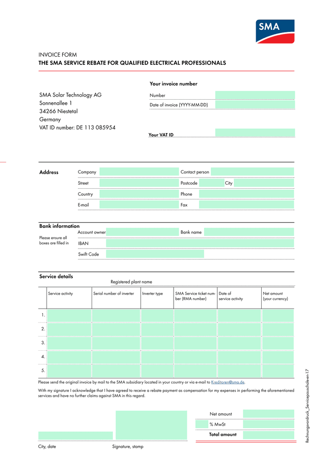 INVOICE FORM SMA SERVICE REBATE FOR QUALIFIED ELECTRICAL PROFESSIONALS screenshot