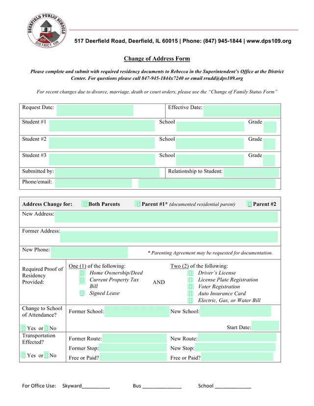 Change Of Address Form screenshot
