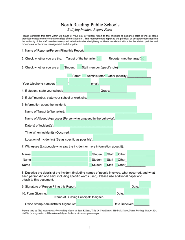 Bullying Incident Report Form screenshot