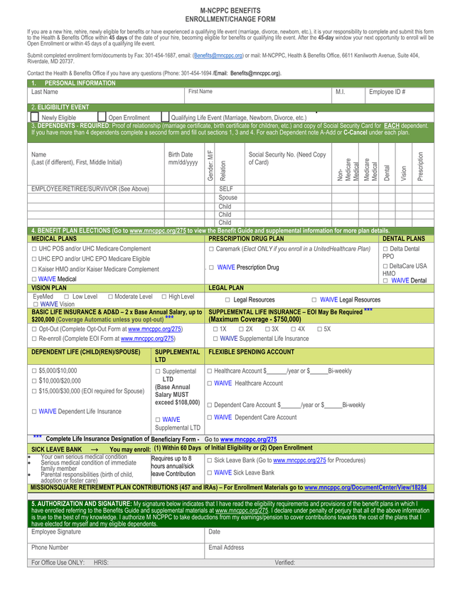 M NCPPC Benefits EnrollmentChange Form screenshot