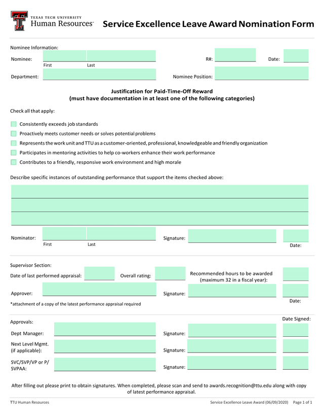 Service Excellence Leave Award Nomination Form screenshot