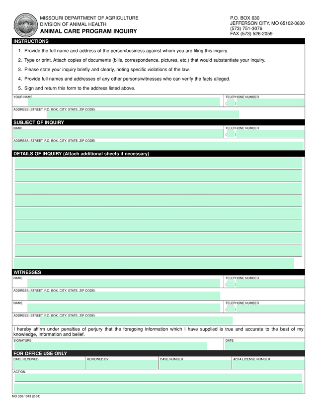 Missouri Department Of Agriculture Animal Care Program Inquiry screenshot