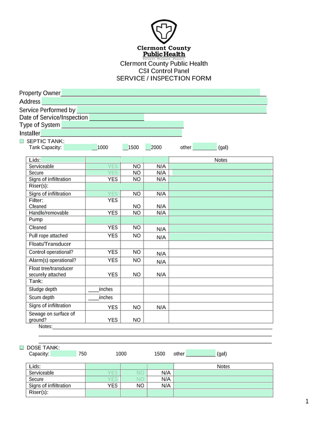 CSI Control Panel Service  Inspection Form screenshot