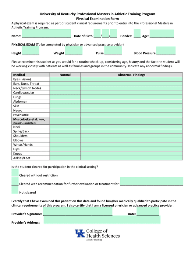 University Of Kentucky Professional Masters In Athletic Training Program Physical Examination Form screenshot