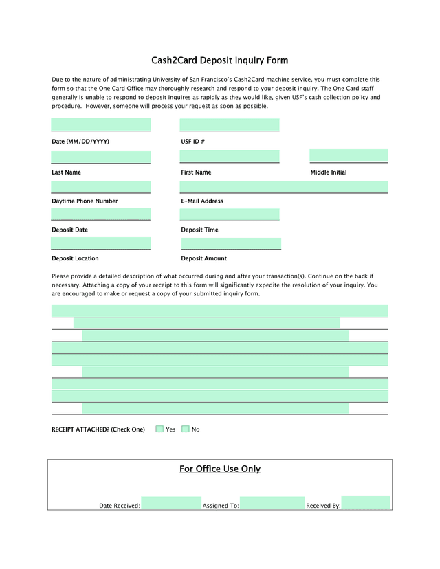 Cash2Card Deposit Inquiry Form screenshot