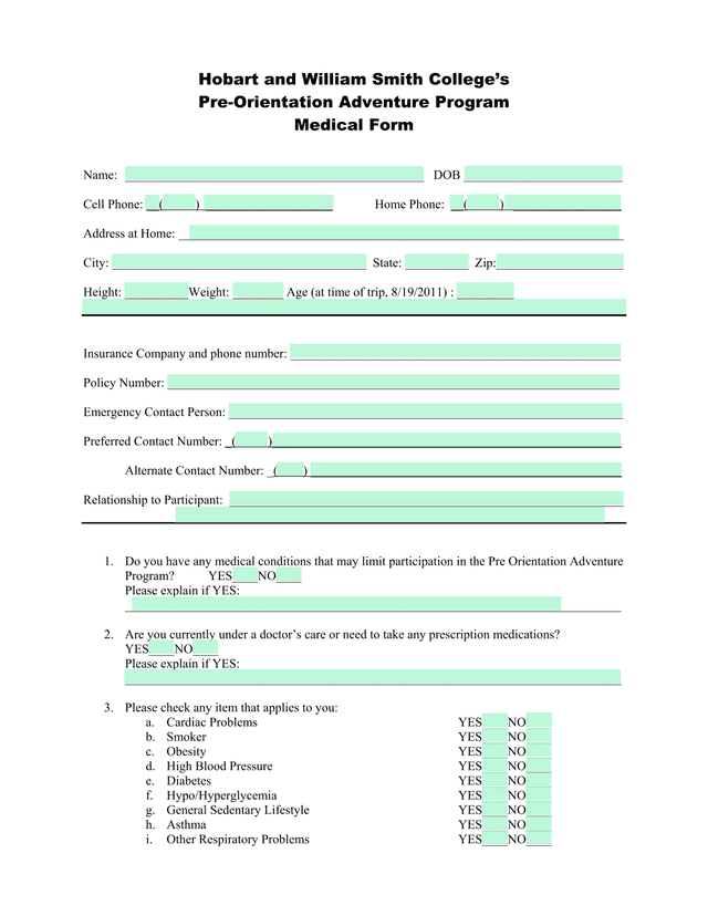 Pre Orientation Adventure Program Medical Form screenshot