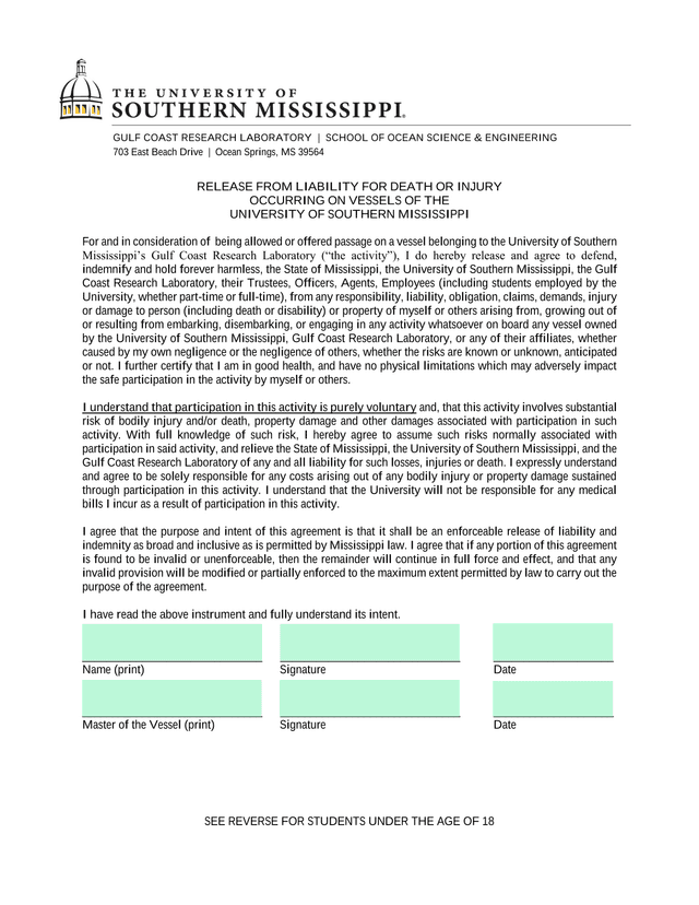 RELEASE FROM LIABILITY FOR DEATH OR INJURY OCCURRING ON VESSELS OF THE UNIVERSITY OF SOUTHERN MISSIS screenshot