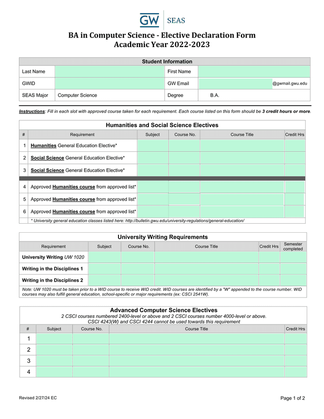 BA In Computer Science   Elective Declaration Form screenshot