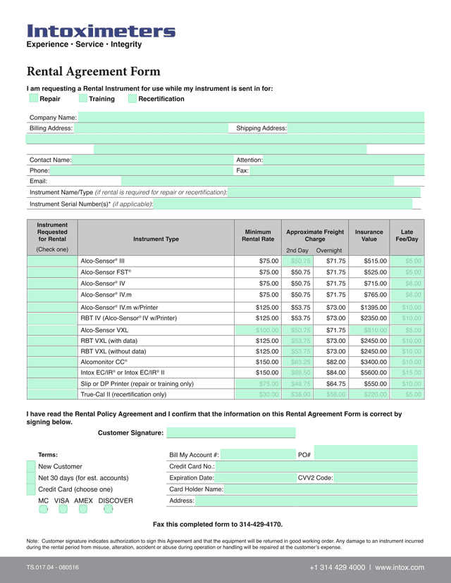 Rental Agreement Form screenshot