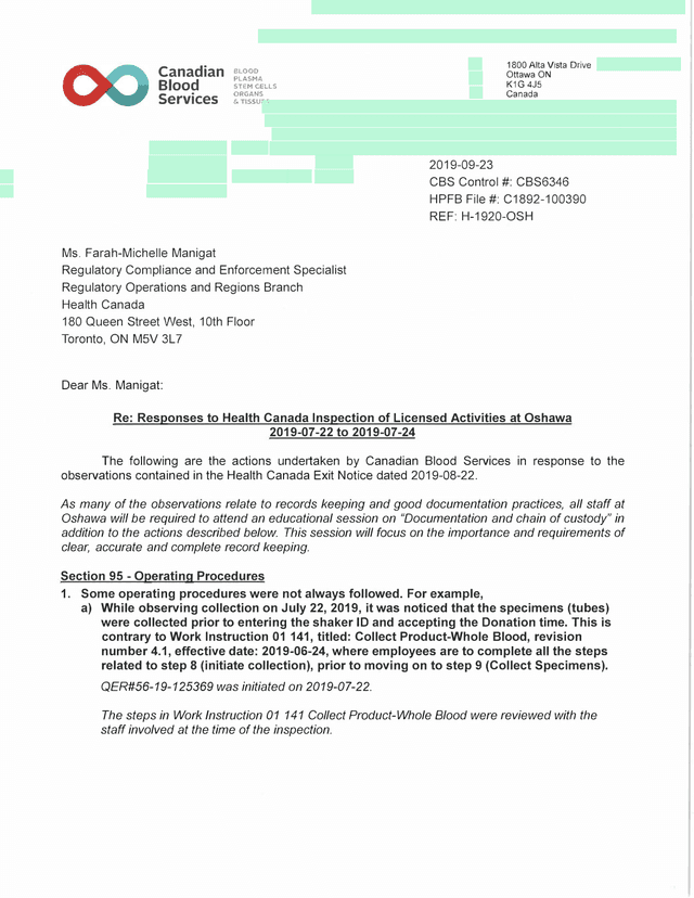 Health Canada Inspection Response   Canadian Blood Services screenshot