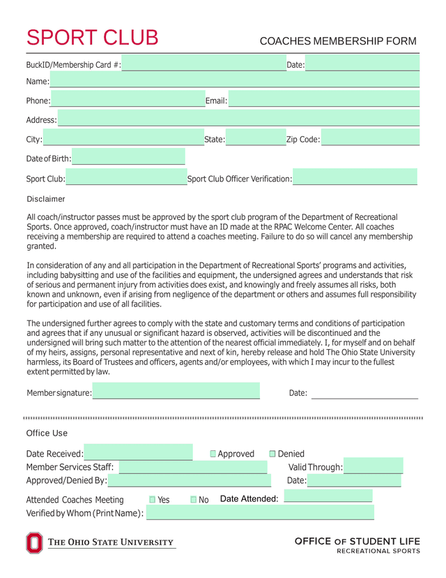 SPORT CLUB COACHES MEMBERSHIP FORM screenshot