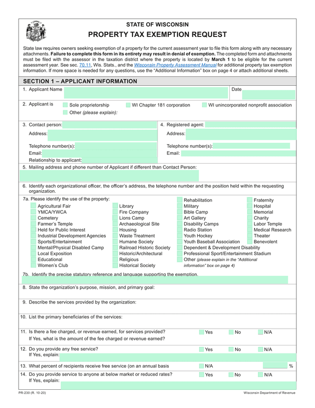 PR 230 Property Tax Exemption Request screenshot