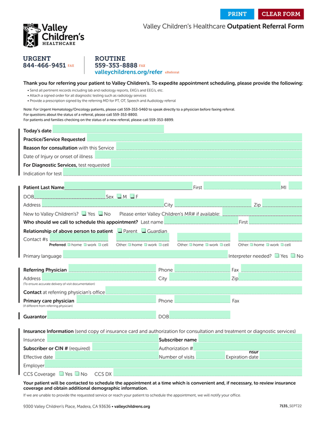 Valley ChildrenS Healthcare Outpatient Referral Form screenshot