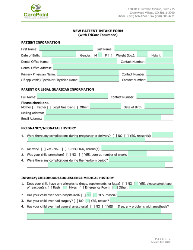 NEW PATIENT INTAKE FORM (With TriCare Insurance) screenshot