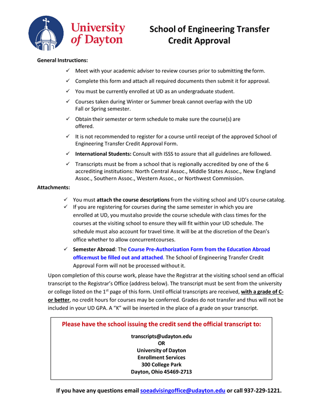 School Of Engineering Transfer Credit Approval screenshot