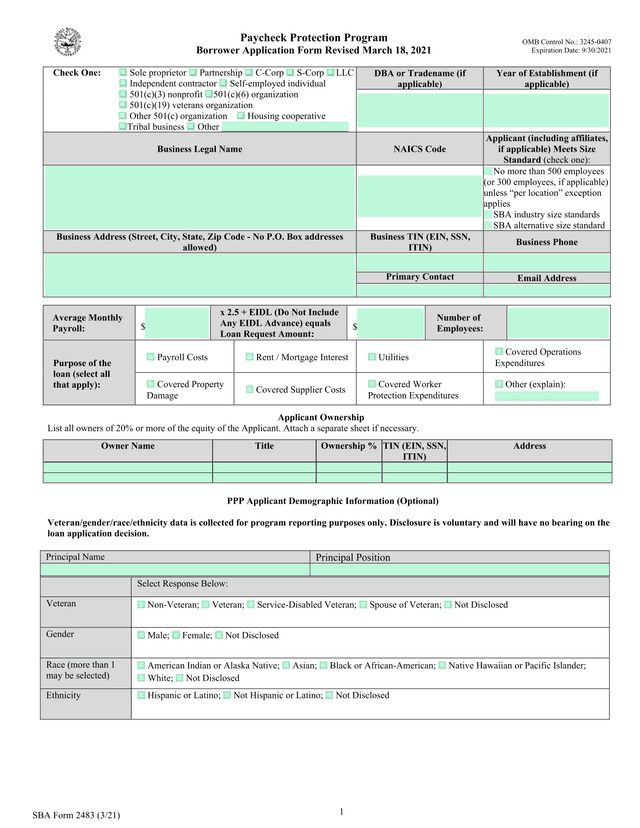 SBA Form 2483 Paycheck Protection Program Borrower Application Form screenshot