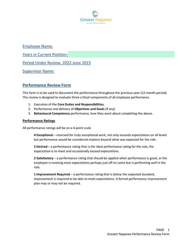 Greater Napanee Performance Review Form screenshot