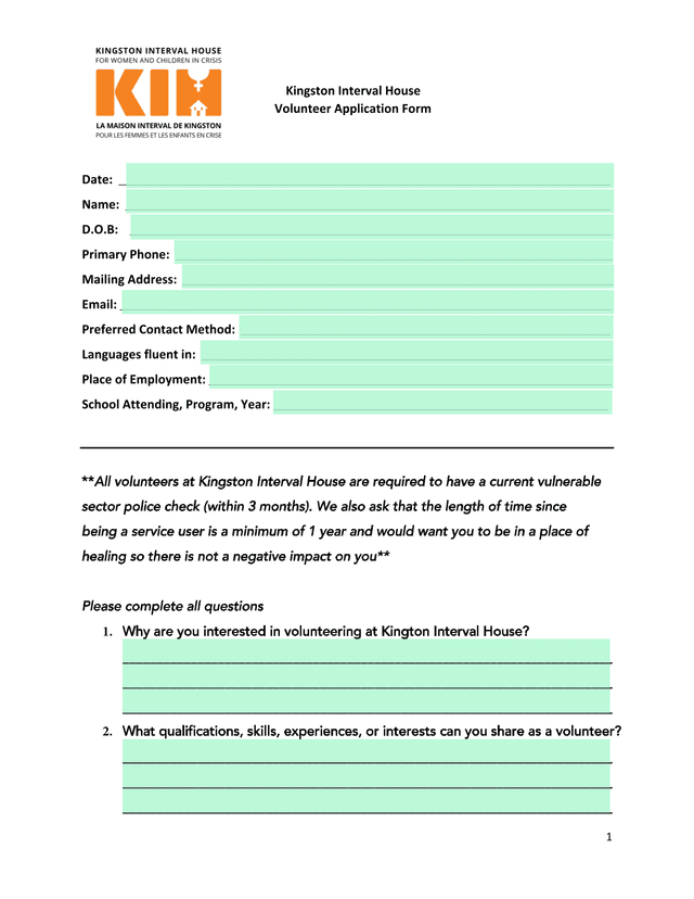 Kingston Interval House Volunteer Application Form screenshot