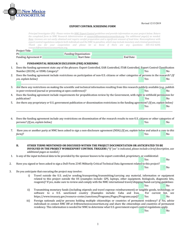 Export Control Screening Form screenshot