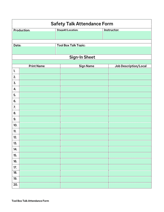 Tool Box Talk Attendance Form screenshot
