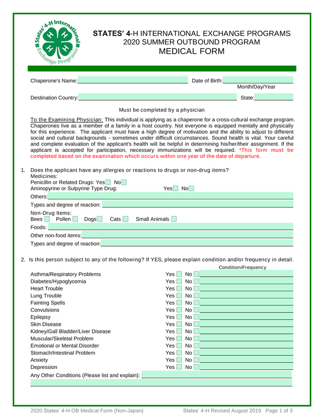 2020 States 4 H OB Medical Form (Non Japan) screenshot