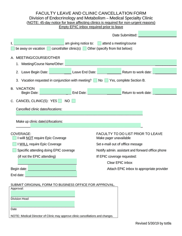 Faculty Leave And Clinic Cancellation Form screenshot