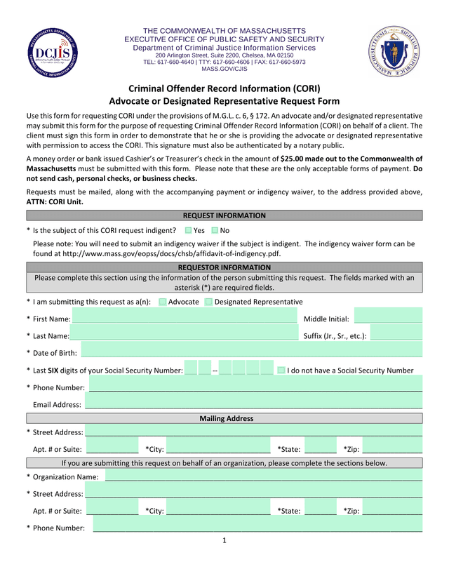 Criminal Offender Record Information (CORI) Advocate Or Designated Representative Request Form screenshot