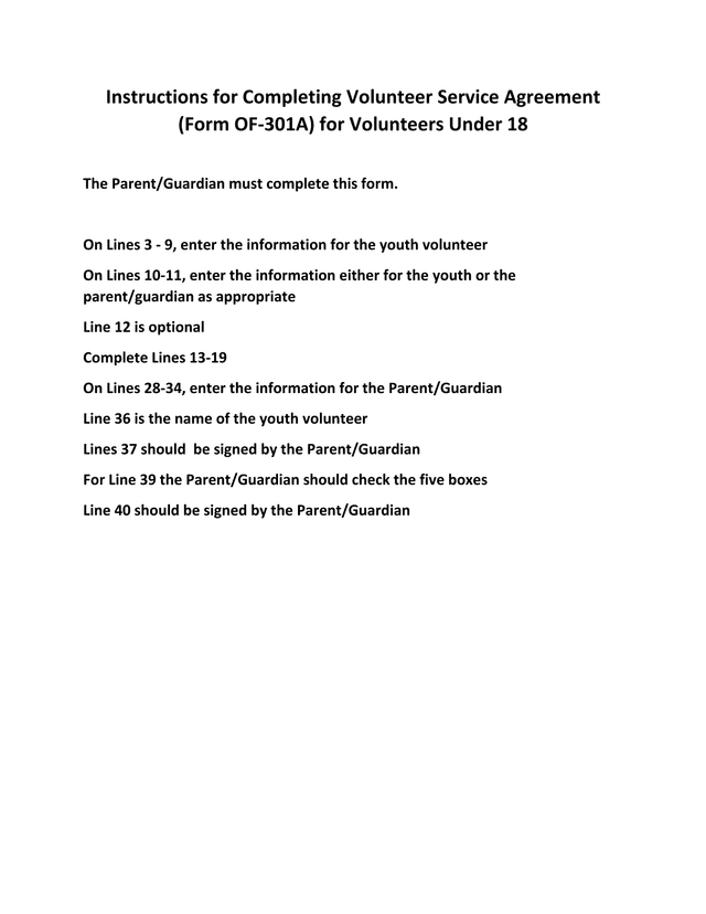 Volunteer Service Agreement (Form OF 301A) For Volunteers Under 18 screenshot