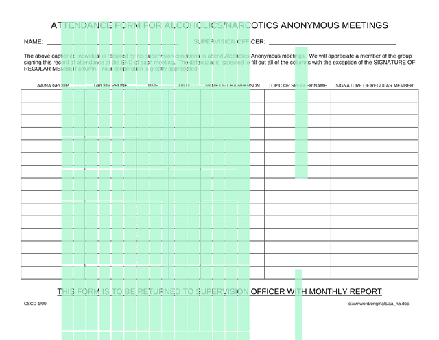 Attendance Form For AlcoholicsNarcotics Anonymous Meetings screenshot