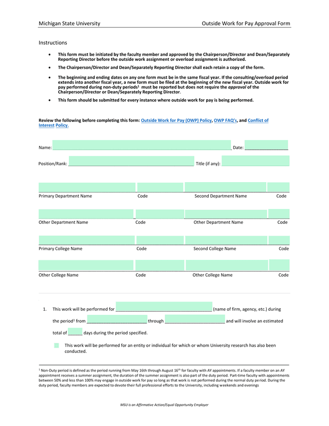 Outside Work For Pay Approval Form screenshot