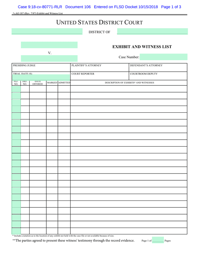 AO 187 Exhibit And Witness List screenshot