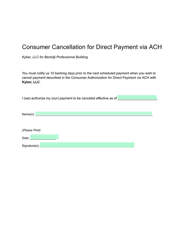 Consumer Cancellation For Direct Payment Via ACH screenshot
