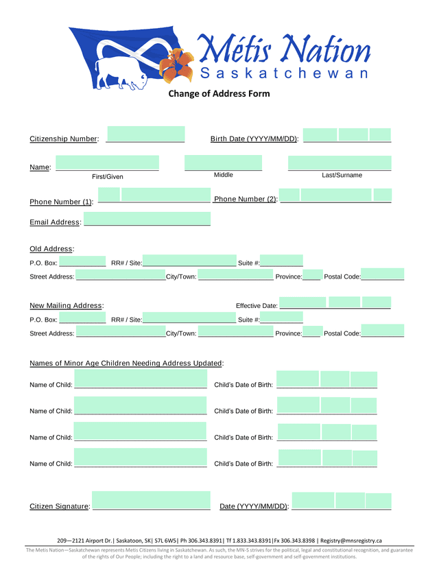 Change Of Address Form screenshot
