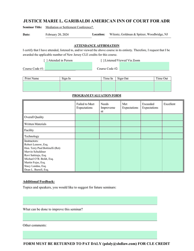 Attendance Affirmation And Program Evaluation Form screenshot