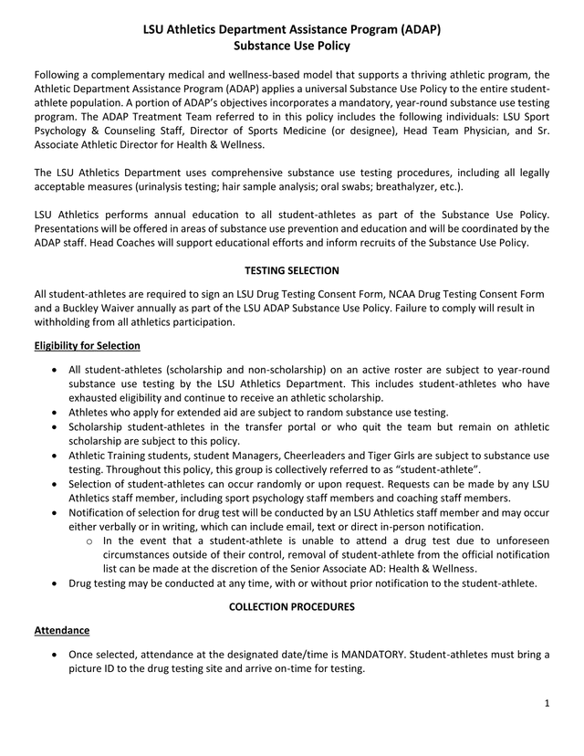 LSU Athletics Department Assistance Program (ADAP) Substance Use Policy screenshot