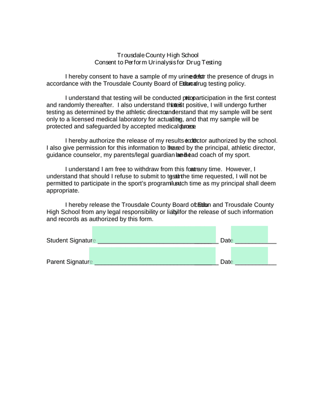 Consent To Perform Urinalysis For Drug Testing screenshot